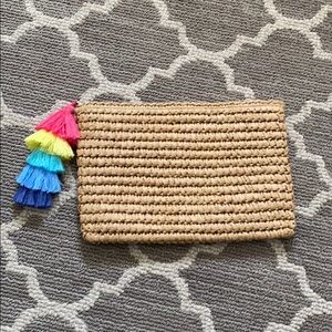 Woven Straw Clutch with Multicolor Tassels - Natural